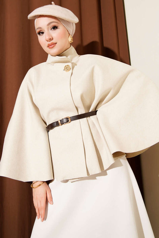 Poncho en cachemire à col montant, boutons dorés et pierres