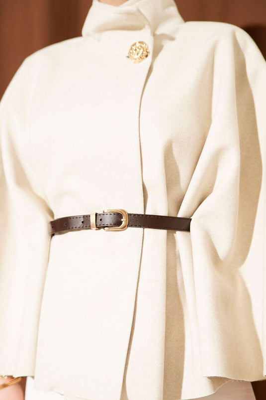 High-Neck Gold Buttoned Cashmere Poncho with Stones