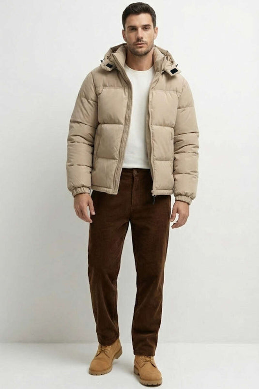 Manteau matelassé à capuche col montant beige