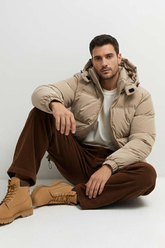 Manteau matelassé à capuche col montant beige
