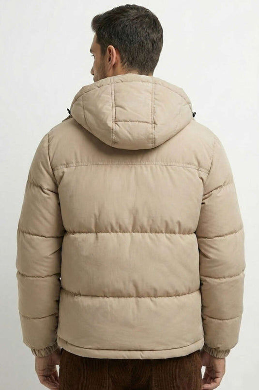 Manteau matelassé à capuche col montant beige