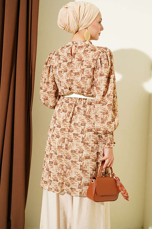Camel Muster Chiffon Tunika Mit Hohem Kragen