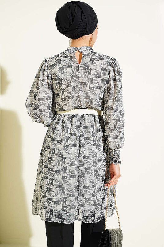 Grau Gemusterte Chiffon-Tunika Mit Hohem Kragen