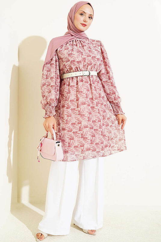 Túnica De Gasa Con Estampado De Rosa Y Cuello Alto