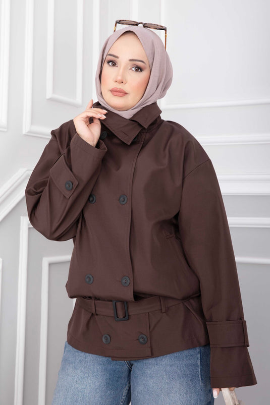 Kurzer Trenchcoat Mit Gürtel Und Weitem Kragen In Kaffee Farbe