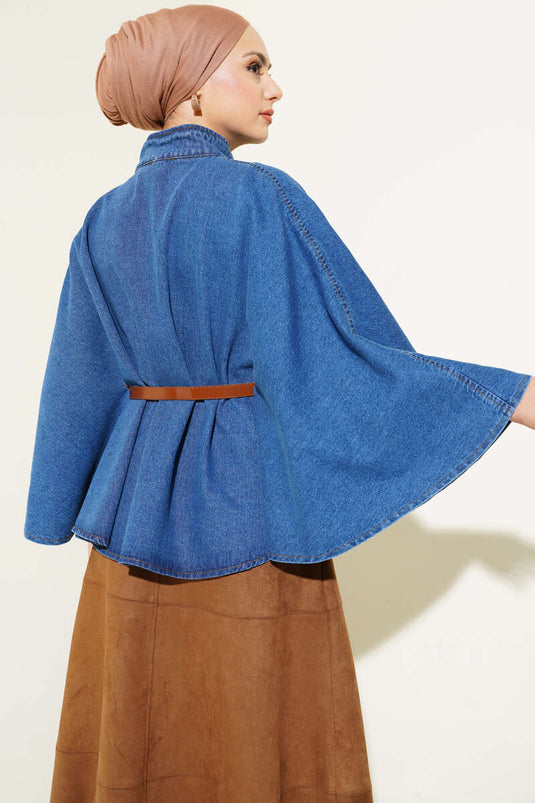 Stand Collar Belted Denim Poncho Denim Blue