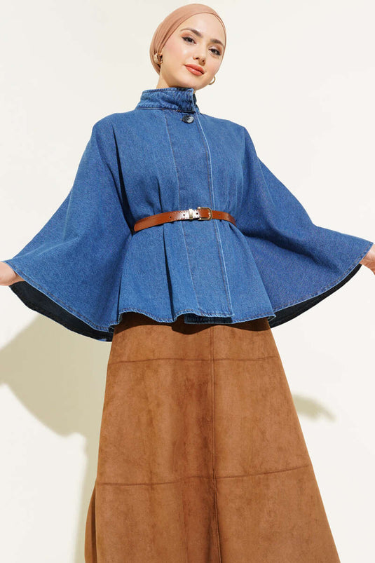 Stand Collar Belted Denim Poncho Denim Blue