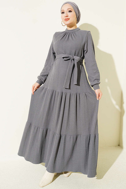 Robe En Maille À Motif Côtelé Gris