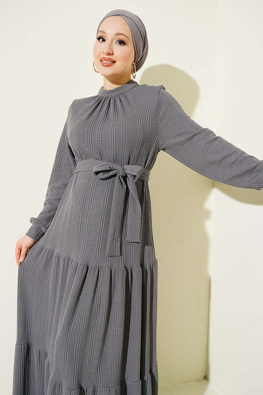 Robe En Maille À Motif Côtelé Gris