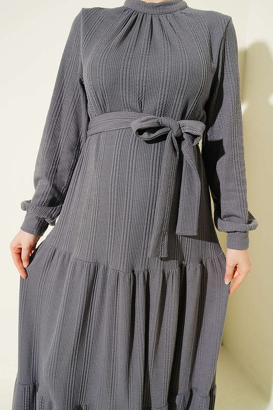 Robe En Maille À Motif Côtelé Gris