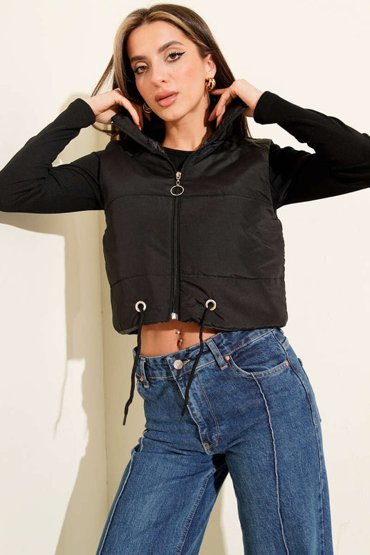 Ärmellose Steppjacke mit hohem Kragen, Schwarz