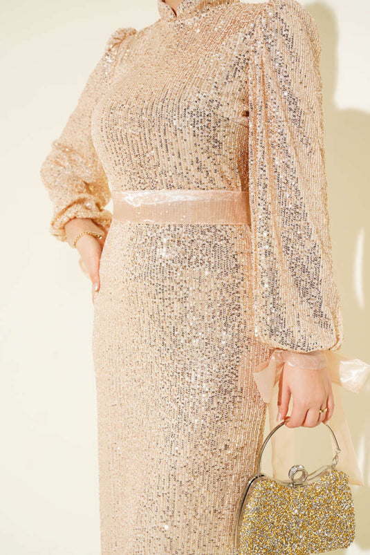 Beige Evening Dress with High Neck, Belt, Studs, and Sequins