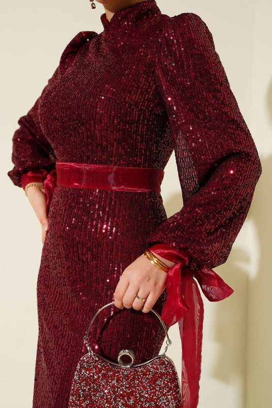 High Neck Belted Studded Sequined Evening Dress Burgundy
