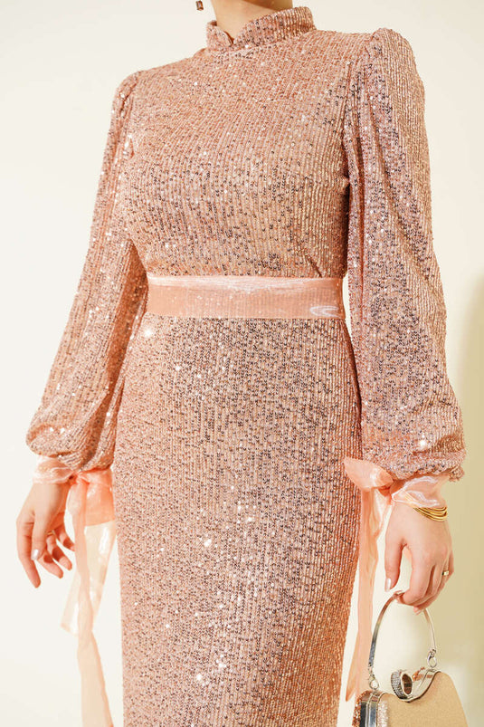 High Neck Belted Sequin Embellished Evening Dress, Powder