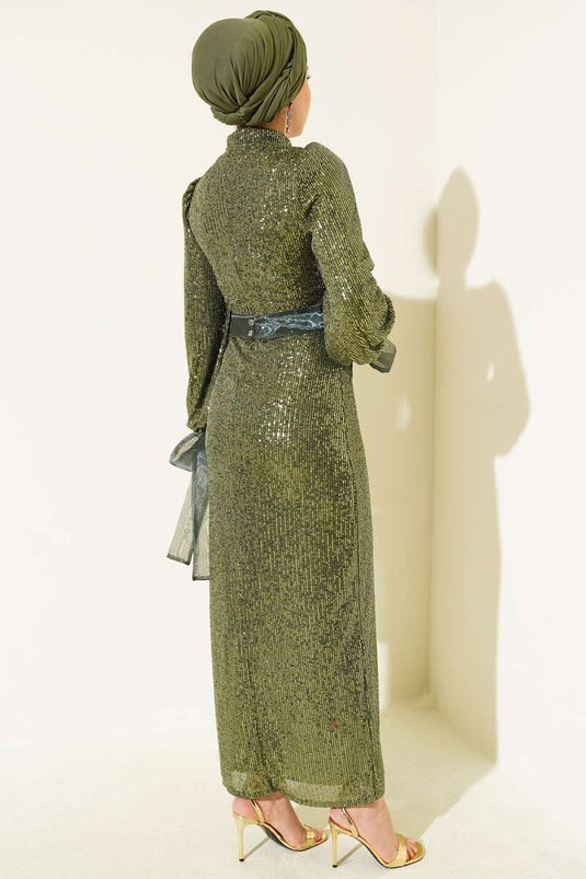 Emerald High-Neck Belted Sequin Evening Dress