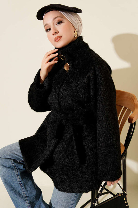 Dik Yaka Kuşaklı Sakallı Ceket Siyah