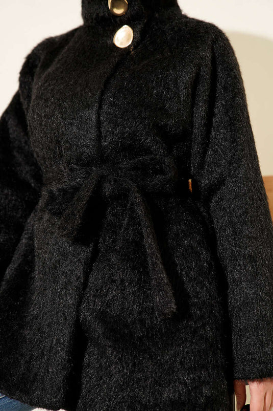 Dik Yaka Kuşaklı Sakallı Ceket Siyah