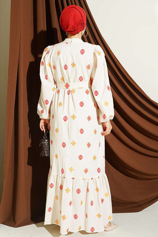 Orange Embroidered High Neck Dress