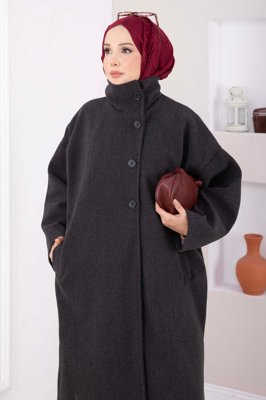 Dik Yaka Oversize Astarlı Kaban Antrasit