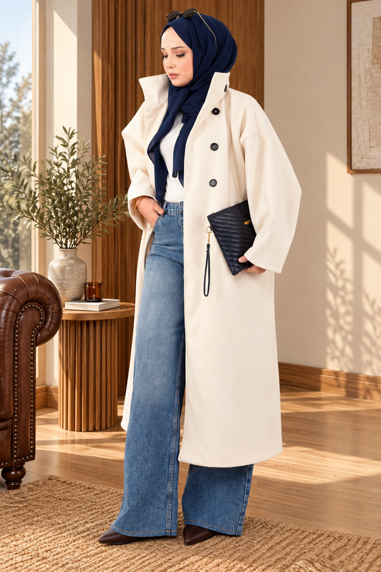 Dik Yaka Oversize Astarlı Kaban Ekru