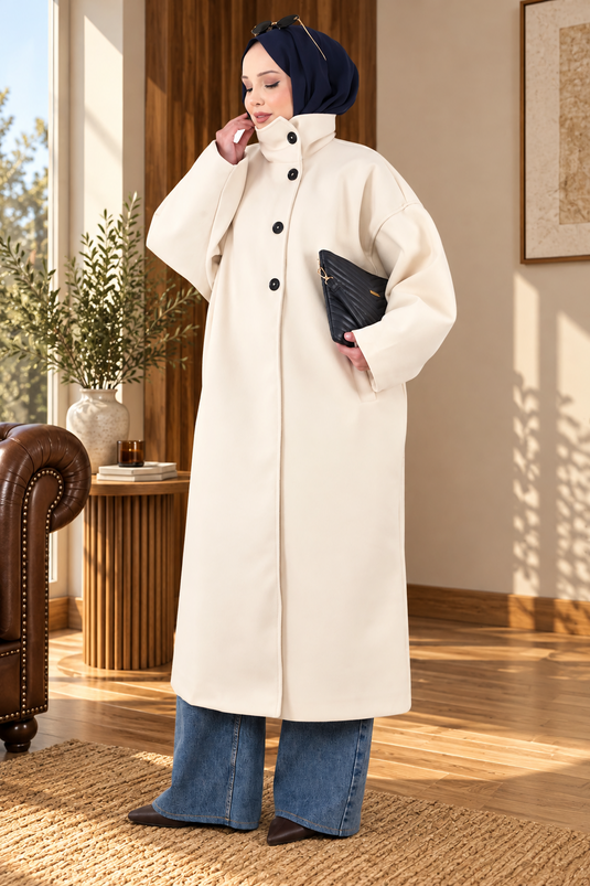 Dik Yaka Oversize Astarlı Kaban Ekru