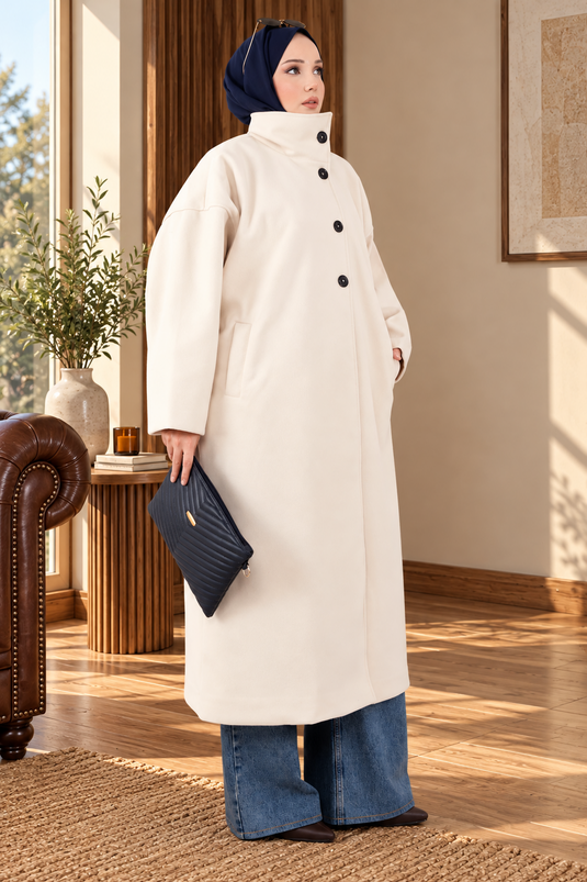 Dik Yaka Oversize Astarlı Kaban Ekru