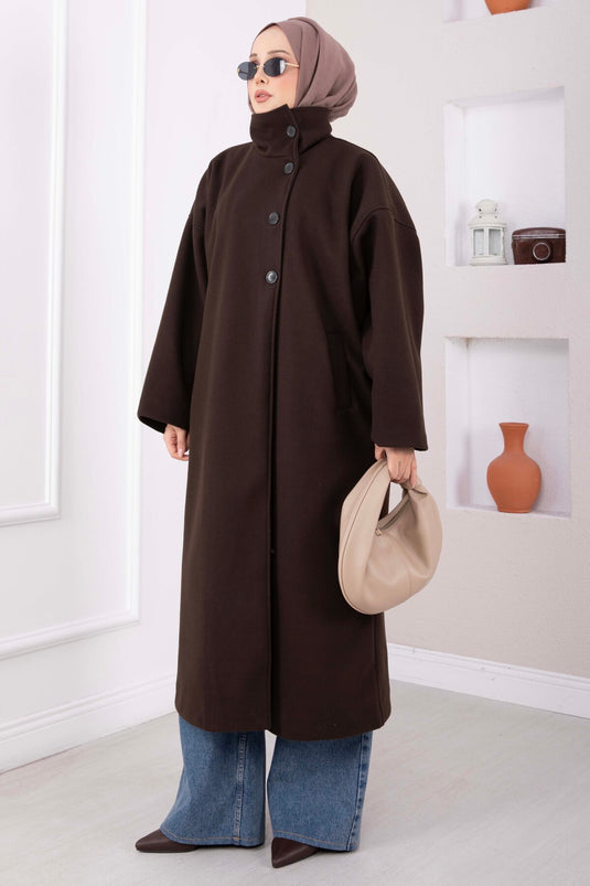 Dik Yaka Oversize Astarlı Kaban Kahve