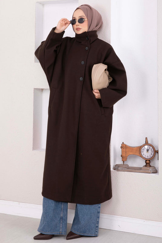 Dik Yaka Oversize Astarlı Kaban Kahve
