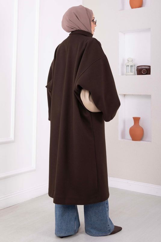 Dik Yaka Oversize Astarlı Kaban Kahve