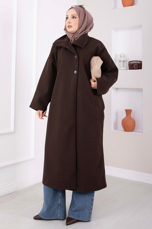 Dik Yaka Oversize Astarlı Kaban Kahve