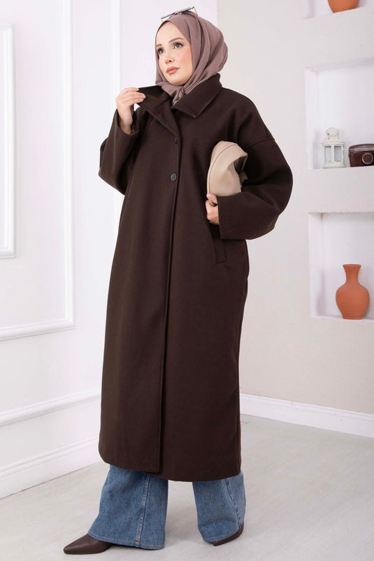 Dik Yaka Oversize Astarlı Kaban Kahve