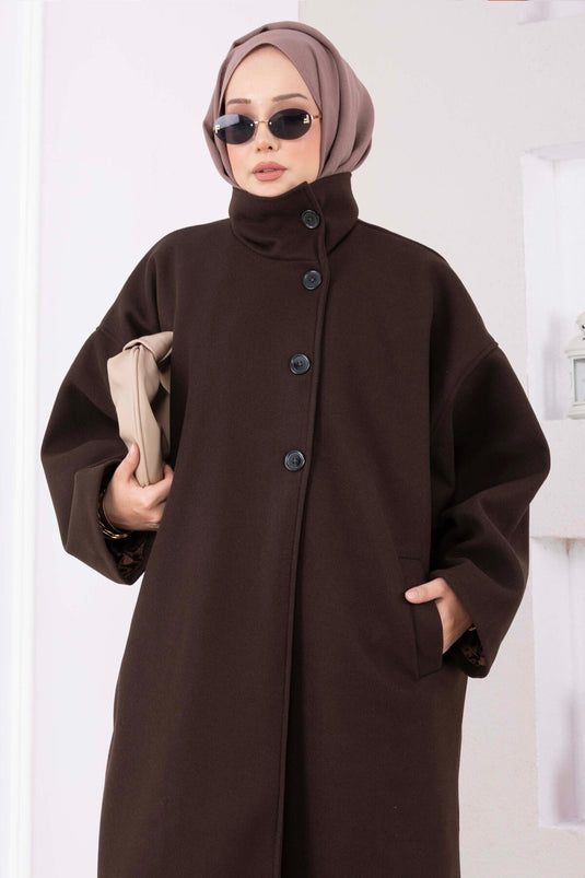 Dik Yaka Oversize Astarlı Kaban Kahve
