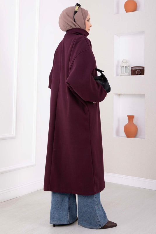 Dik Yaka Oversize Astarlı Kaban Mürdüm