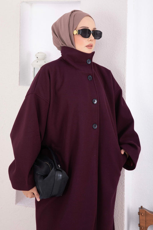 Dik Yaka Oversize Astarlı Kaban Mürdüm