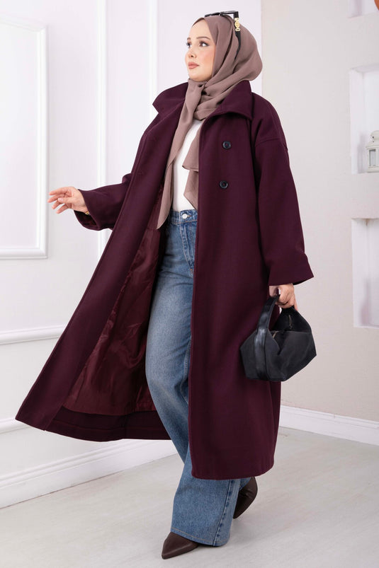 Dik Yaka Oversize Astarlı Kaban Mürdüm