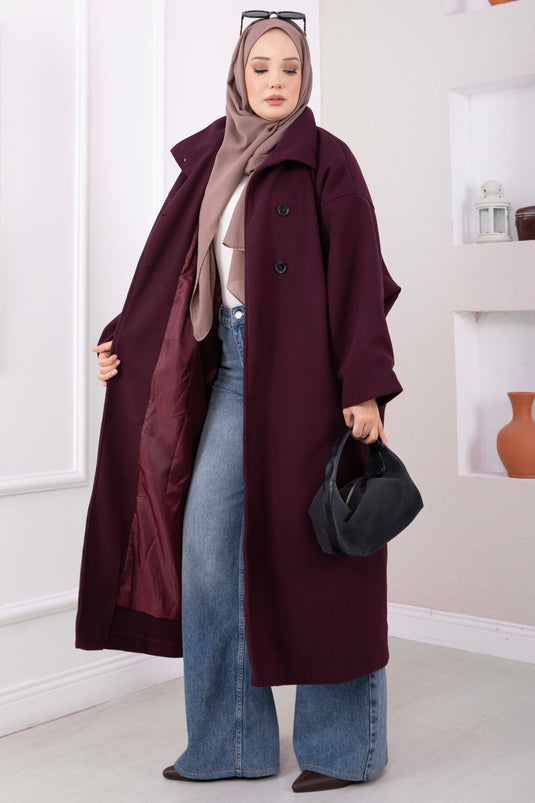 Dik Yaka Oversize Astarlı Kaban Mürdüm