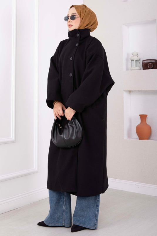 Dik Yaka Oversize Astarlı Kaban Siyah