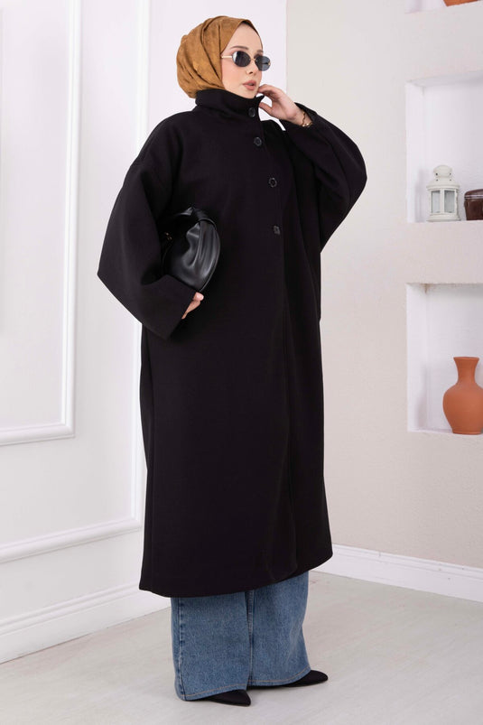Dik Yaka Oversize Astarlı Kaban Siyah