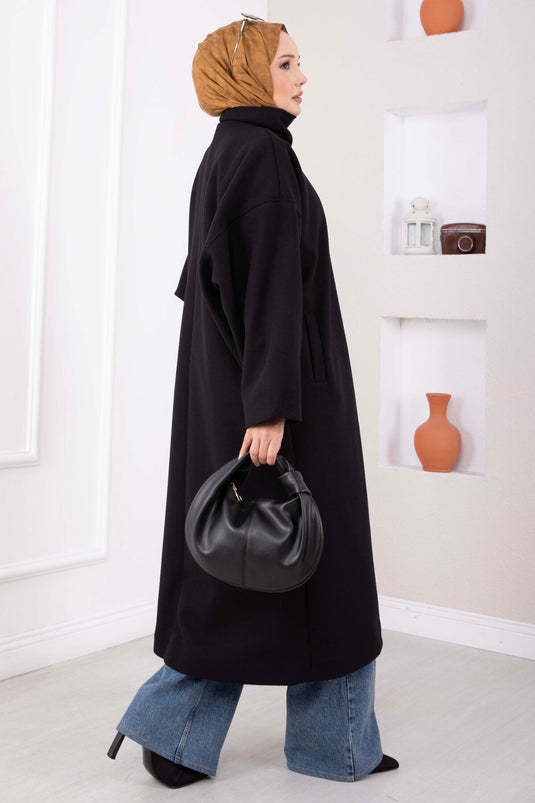 Dik Yaka Oversize Astarlı Kaban Siyah