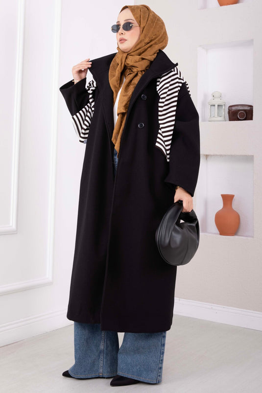 Dik Yaka Oversize Astarlı Kaban Siyah