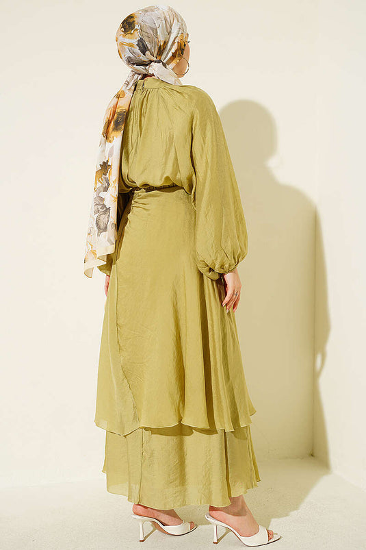 Conjunto De Falda De Tres Piezas Con Cuello Grueso Y Detalles En Verde Oliva