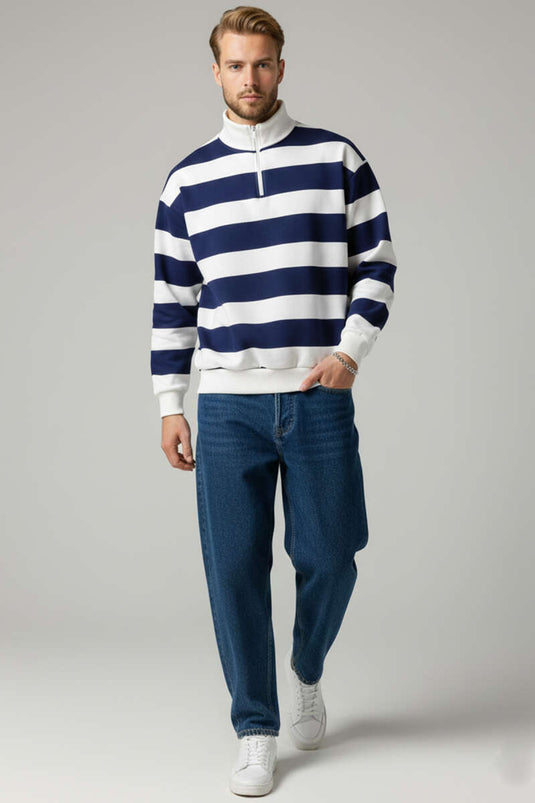 Sweat-shirt pour homme à col montant avec bandes, bleu marine