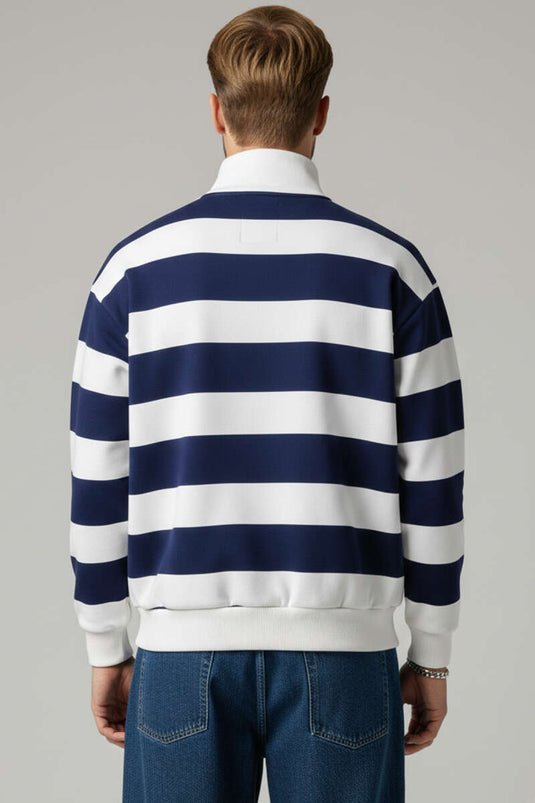 Sweat-shirt pour homme à col montant avec bandes, bleu marine