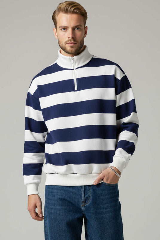 High Collar Striped Men's Sweatshirt Navy Blue