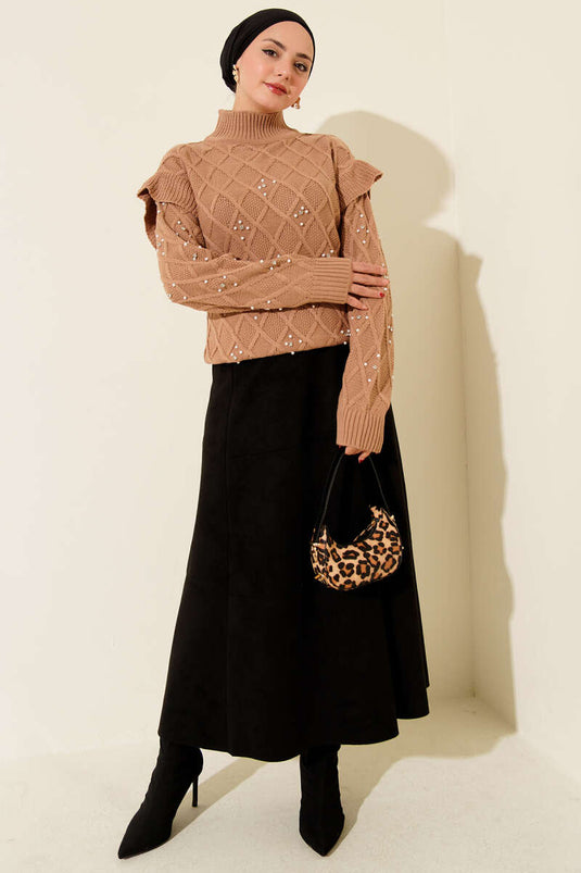 سترة لاتيه محبوكة بحجر وياقة واقفة