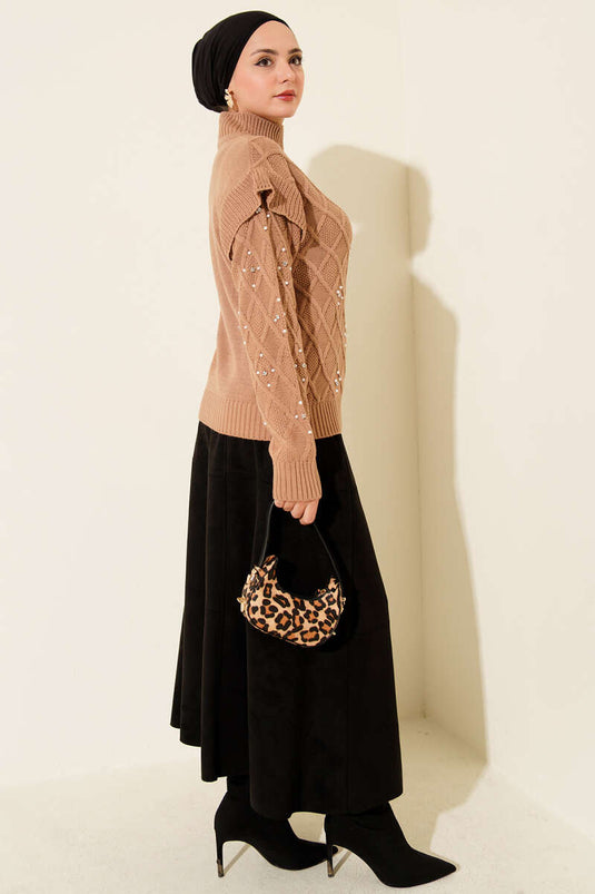 سترة لاتيه محبوكة بحجر وياقة واقفة