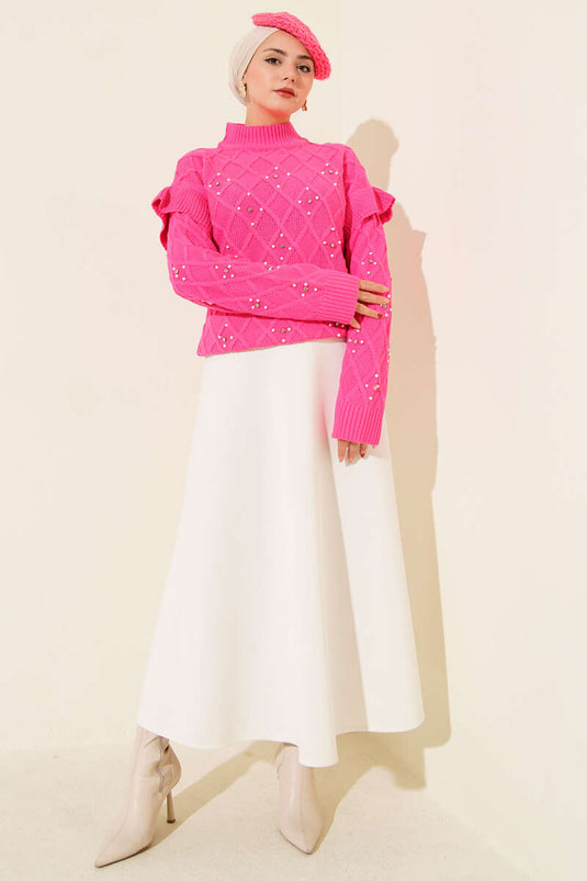 سترة محبوكة بياقة واقفة وردية اللون