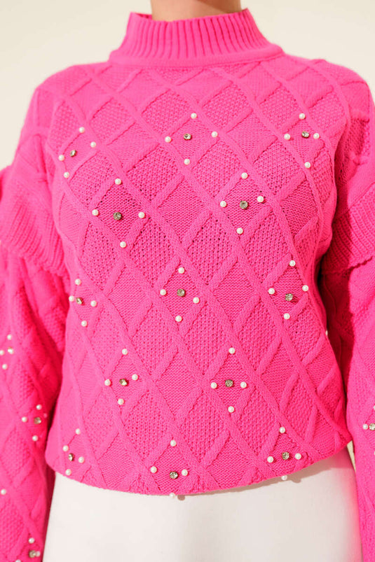 Dik Yaka Taşlı Triko Kazak Pembe