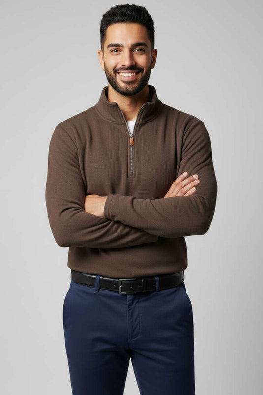 Sweat-shirt homme à col montant avec demi-fermeture éclair Marron