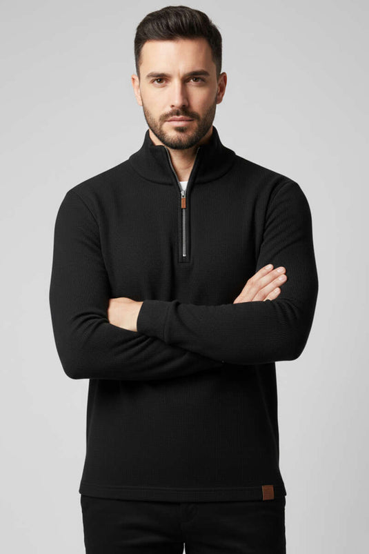 سويت شيرت رجالي برقبة عالية وسحاب نصفية أسود